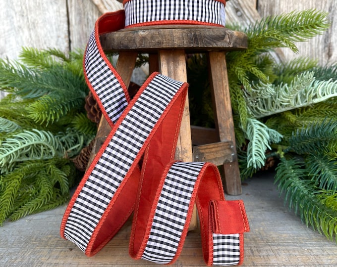 Rust Orange Check Ribbon: Black & White Mini Check, Wired Edge, 1" x 10yds
