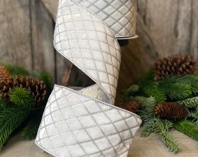 4" White Velvet Metallic Diamonds Ribbon, Farrisilk Ribbon, White Velvet, Christmas Tree Ribbon, Wired Ribbon, 4 inch ribbon