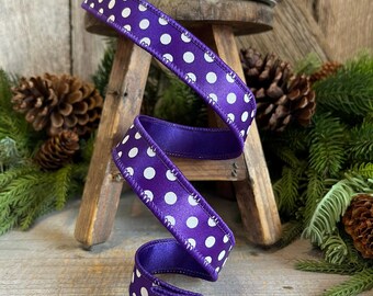 1" Purple Mini Dots, Farrisilk Ribbon, Wired Ribbon, Purple Polka Dot RIbbon, Christmas Ribbon, Designer RIbbon, Purpel Wired Ribbon