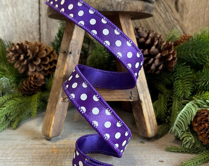 1" Purple Mini Dots, Farrisilk Ribbon, Wired Ribbon, Purple Polka Dot RIbbon, Christmas Ribbon, Designer RIbbon, Purpel Wired Ribbon
