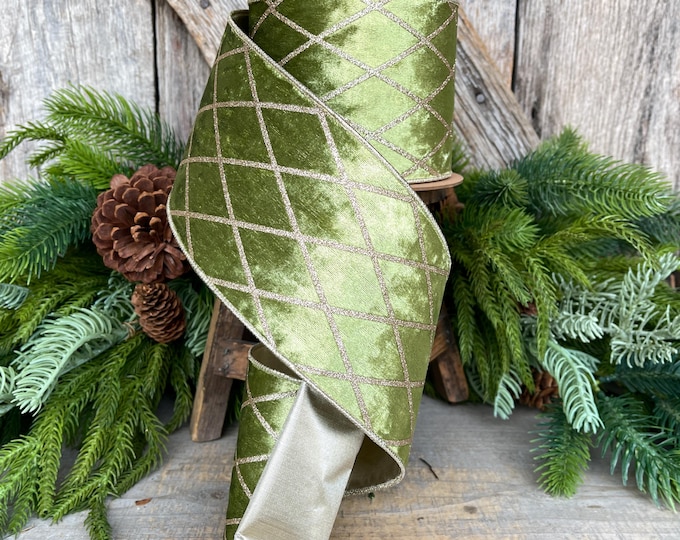 Moss Green Velvet Wired Ribbon, Green Gold Lattice Ribbon Christmas Tree & Holiday Decor, 4" x 10yds