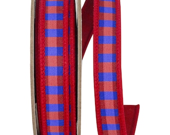 7/8" Red Blue Check Ribbon, Wired RIbbon, Patriotic Ribbon, Red Blue Gingham Ribbon, 4th of July Ribbon, Designer Ribbon
