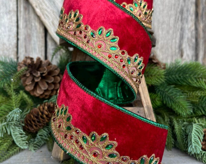 2.5" Red Velvet Jeweled Ribbon, Red Green Jeweled Ribbon, Christmas Ribbon, 5 yards, Holiday decor, Christmas Tree Ribbon, Holiday