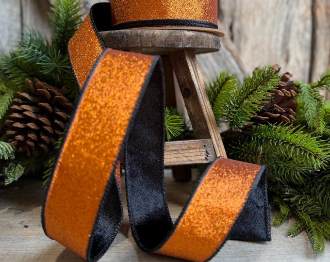 1.5" Orange Glitz Ribbon, Halloween Ribbon, Orange and Black Glitter Ribbon