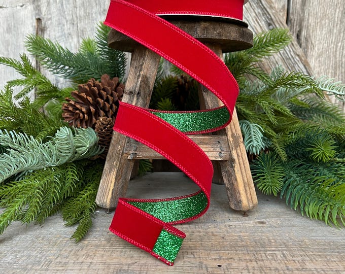 1" Red & Emerald Green Ribbon, Farrisilk Ribbon, Red Green Fusion Ribbon, Traditional Christmas,  Christmas Ribbon, RS200-48