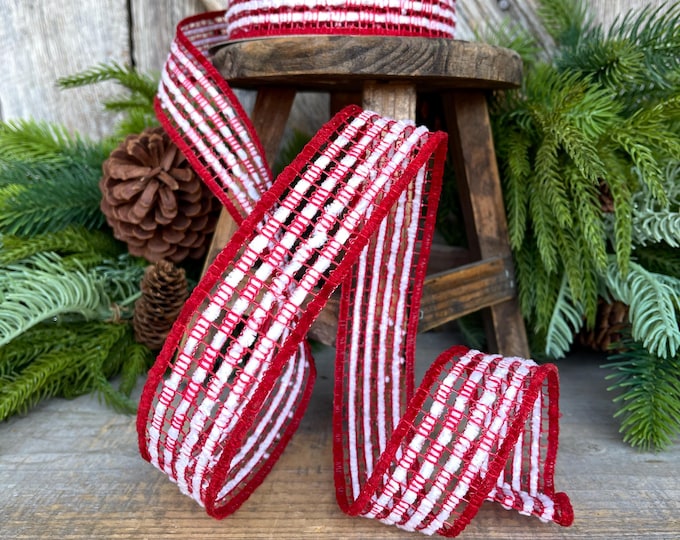 Farrisilk Santa Trellis Wired Ribbon: Red and White Christmas Decor, 1.375 x 10yds