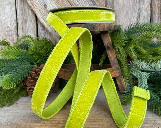 1" Apple Green Velvet Ribbon, Farrisilk Ribbon, Velvet RIbbon, Halloween Ribbon, Christmas RIbbon, Lime Green Velvet Ribbon, RG008-69