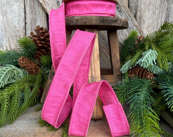 1" Pink Dupioni Ribbon, Wired Ribbon, Bubblegum Pink Ribbon, Skinny Ribbon, Ribbon for Bows, Pink Ribbon, Christmas Ribbon