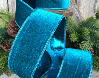 Teal Velvet Wired Ribbon: 2.5 Inch, 5 Yard Christmas Decor