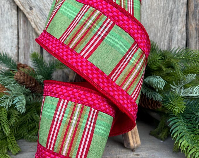 4" Kitschy Plaid Ribbon, Farrisilk Ribbon, Green Pink Red Plaid Ribbon, Bright Christmas Ribbon, Wired Plaid Ribbon, RK850-61