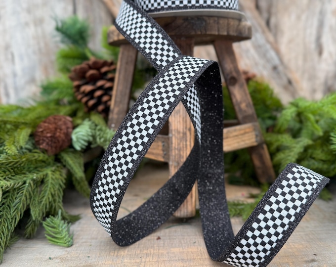 1" Black White Check Ribbon