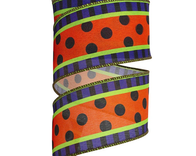 2.5" Halloween RIbbon, Polka dot and Stripes Ribbon, Black Purple Orange Ribbon, Halloween Decor, Wired Ribbon, Wreath SUpply