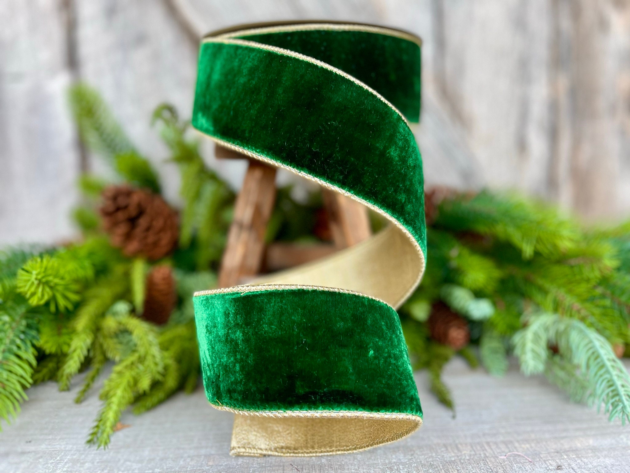 2.5 Emerald Green Flashy Velvet, Farrisilk Ribbon, Wired Ribbon