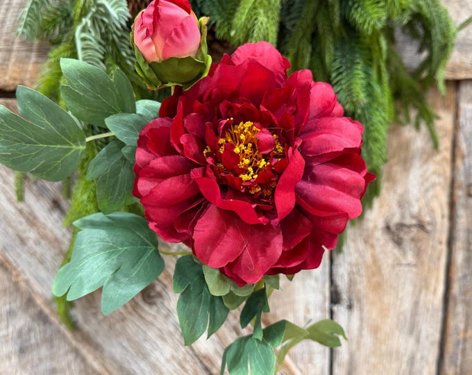 30" Red Peony Spray, Artificial Peony Flower Stem with Bud