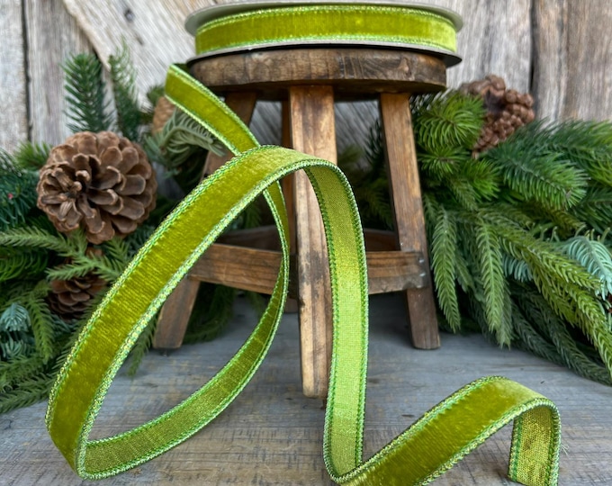3/4" Lime Green Velvet Ribbon, Farrisilk Ribbon, Christmas Velvet Ribbon, Moss Velvet Ribbon, Moss Ribbon, Moss Green Velvet Ribbon
