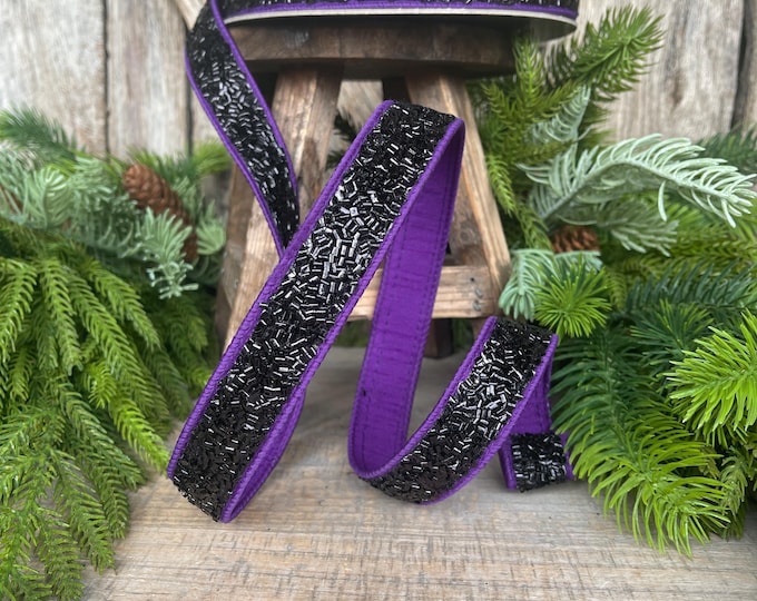1" Purple Black Halloween Ribbon, Farrisilk Ribbon, Creepy Fuzz Ribbon, Wired Ribbon, HR037-27