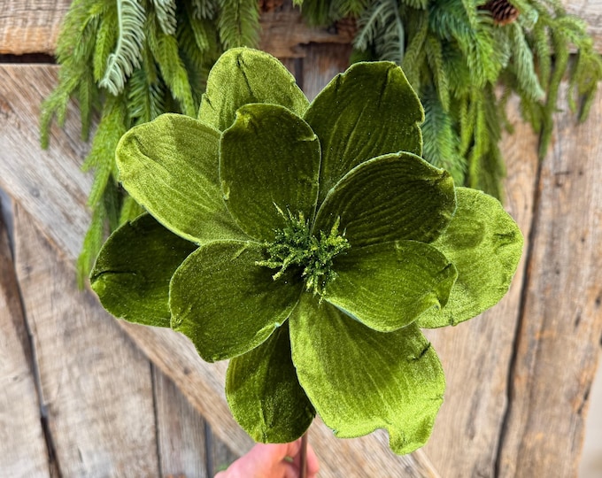 24" Forest Green Velvet Magnolia, Olive Green Magnolia for Christmas