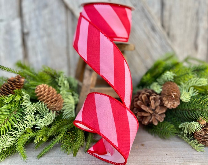 2.5" Red & Pink Diagonal Stripe Ribbon, Christmas Ribbon, Pinkmas Ribon, Candy Cane Ribbon, Pink Ribbon, Pink Christmas Tree Ribbon, Wired