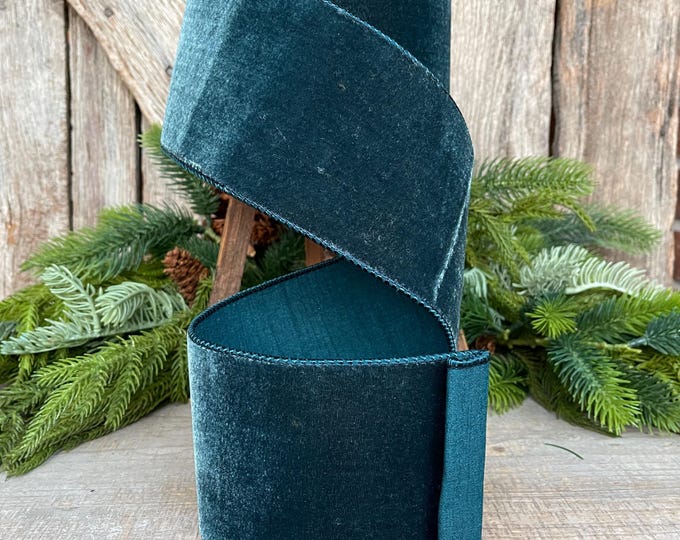 4" Dark Teal Velvet Luster RIbbon, Farrisilk Ribbon, Dark Teal Velvet RIbbon, Wired RIbbon, Designer RIbbon, Velvet Ribbon, RG804-19