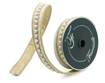 1" Ivory Velvet Pearl Ribbon, Farrisilk Ribbon, Pearl Ribbon, Christmas Ribbon, Cream Velvet Ribbon, Designer Ribbon, RK316-62