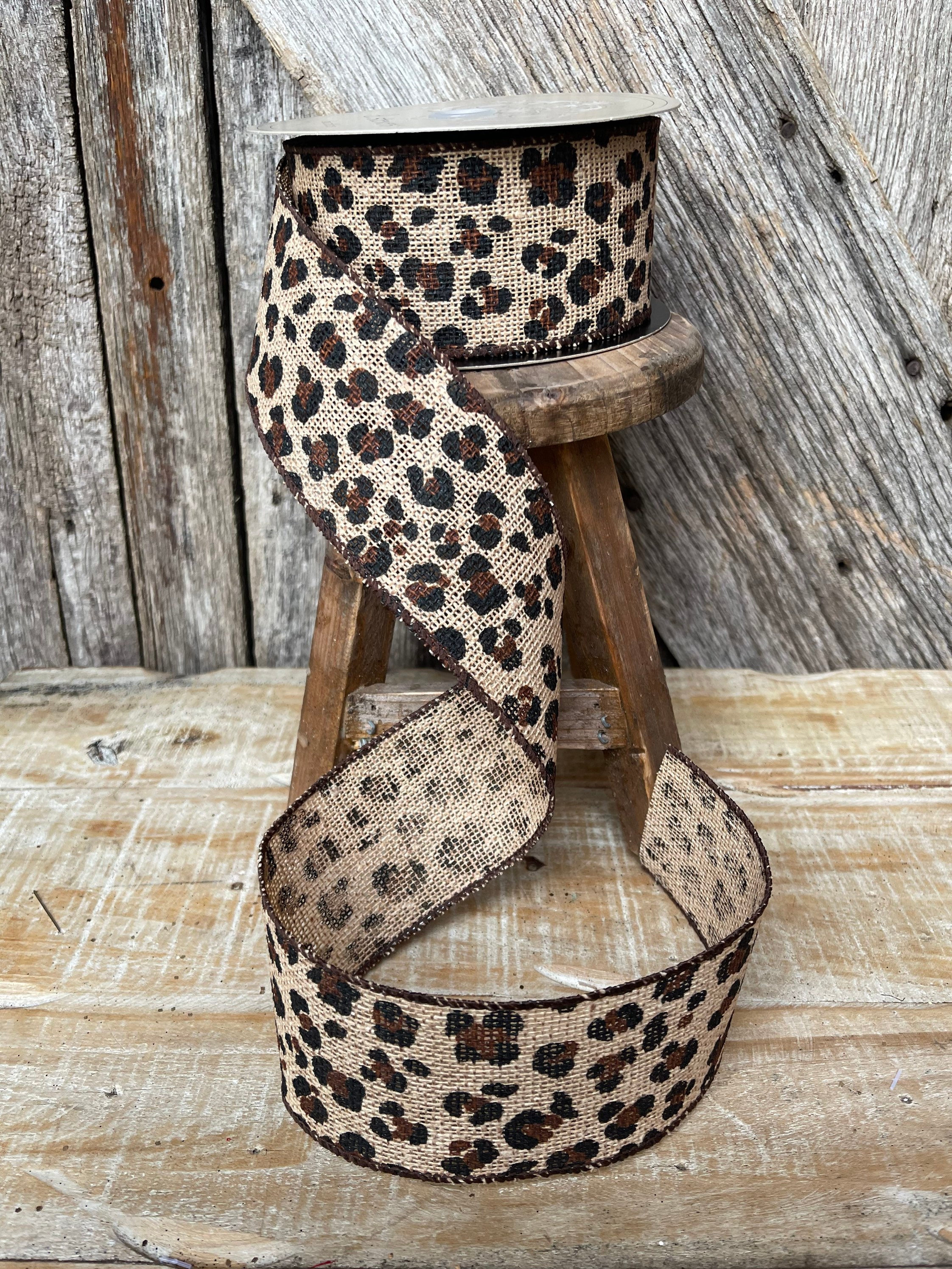 Leopard ribbon, burlap leopard ribbon, wired ribbon, 2.5 inch ribbon