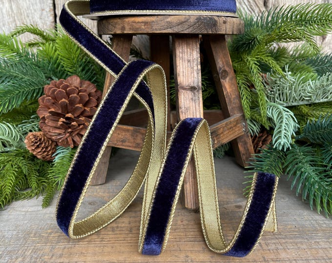 Navy Blue Velvet Wired Ribbon: Gold Luster Backing, 3/4 inch x 10 Yards