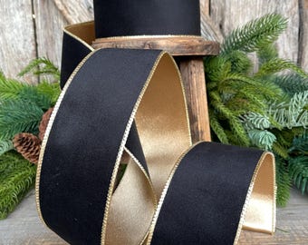 2.5" Black Velvet Ribbon, Wired RIbbon, Black Gold Velvet Ribbon, Christmas RIbbon, Designer Ribbon, Ribbon for Christmas Tree