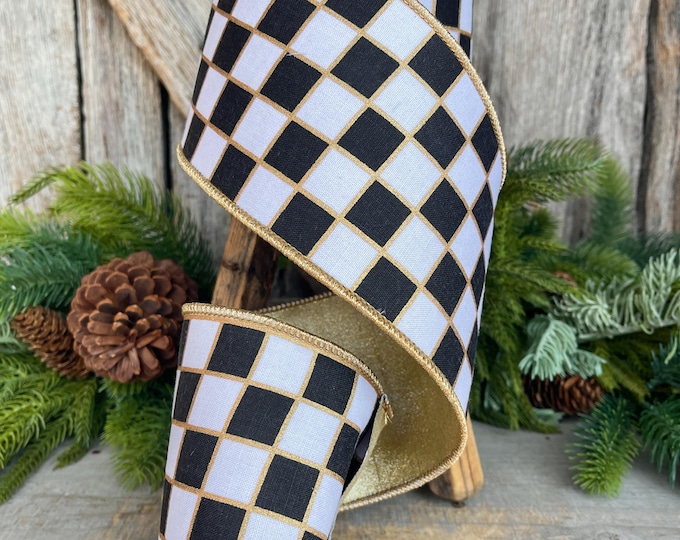 4" Black and White Check Ribbon, Christmas Ribbon