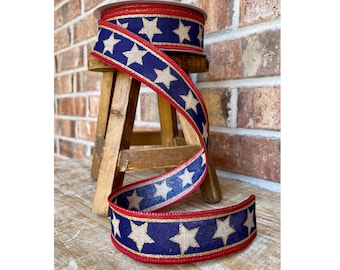 20 yards Patriotic ribbon, wired ribbon, 4th of July ribbon, tea stained ribbon, America ribbon, USA ribbon, vintage ribbon