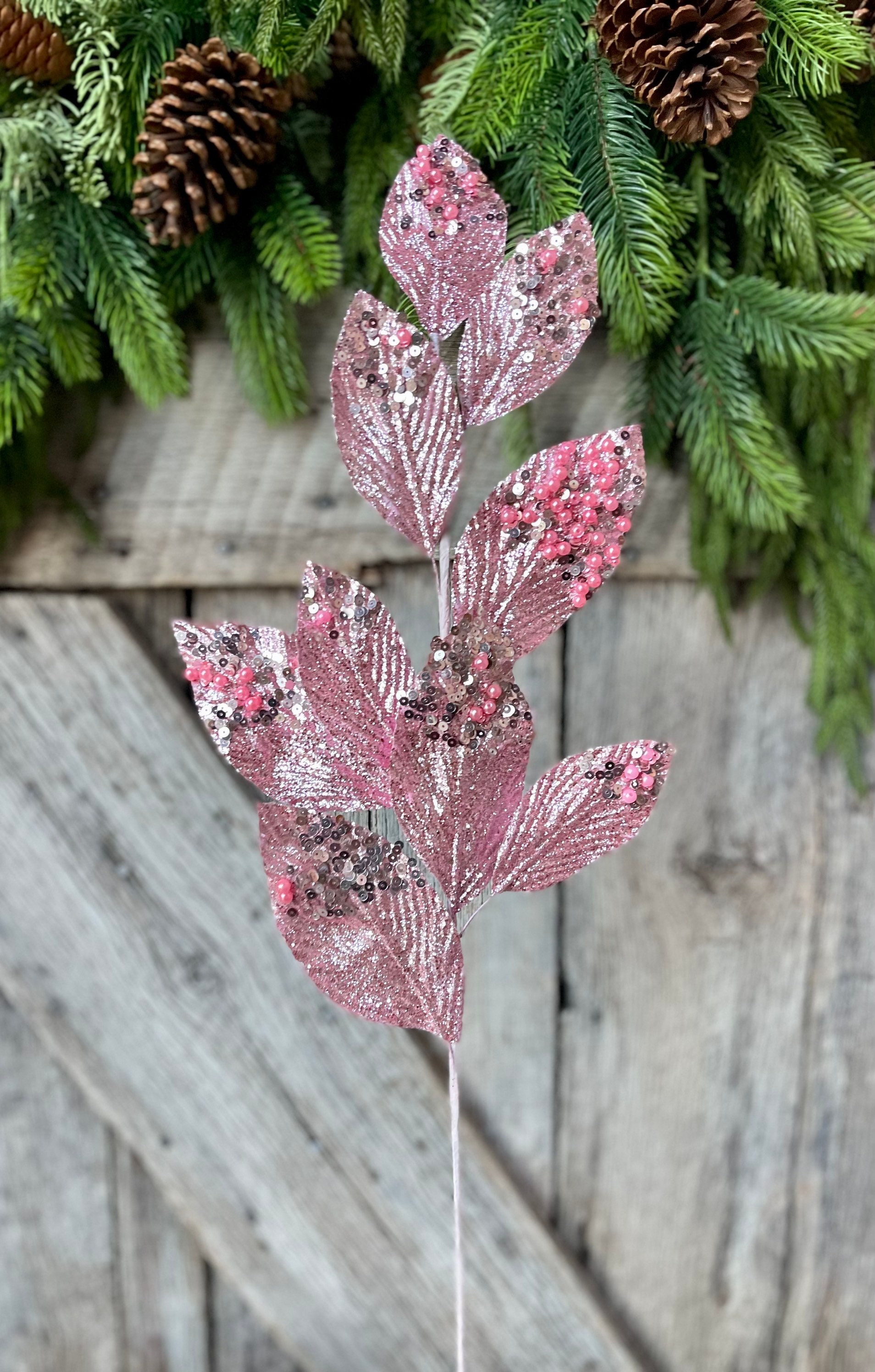 29 Pink Glitter Leaf Spray, Christmas Spray, Christmas Tree Spray