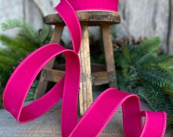 1” Hot Pink Dupion Ribbon, Farrisilk ribbon, wired ribbon, Christmas Ribbon, Hot Pink Ribbon, pink ribbon, Fuchsia Ribbon, RK608-08