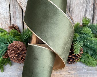 4" Forest Green Velvet Ribbon, Moss Green & Gold Velvet Ribbon, Christmas RIbbon, Moss Green Velvet Ribbon, Designer Ribbon, Woodsy Green
