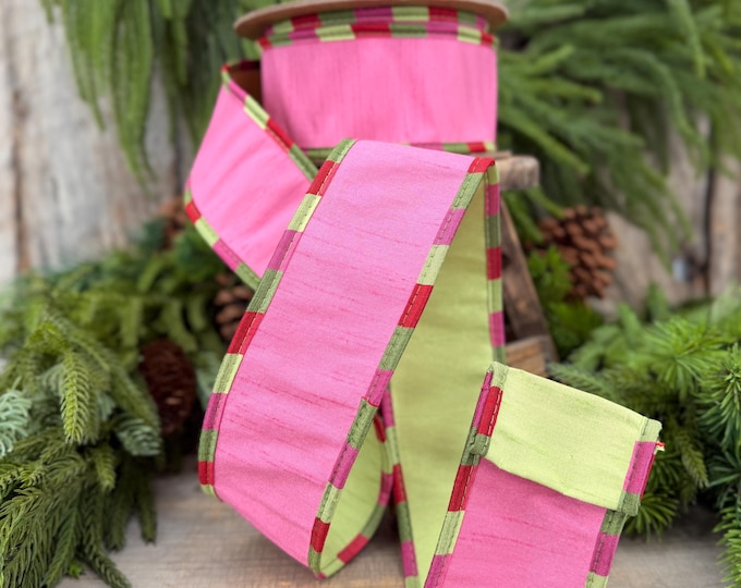 2.5" Pink & Apple Green Reversible Dupioni Wired Ribbon with Aspen Check Trim, 10 Yard Roll