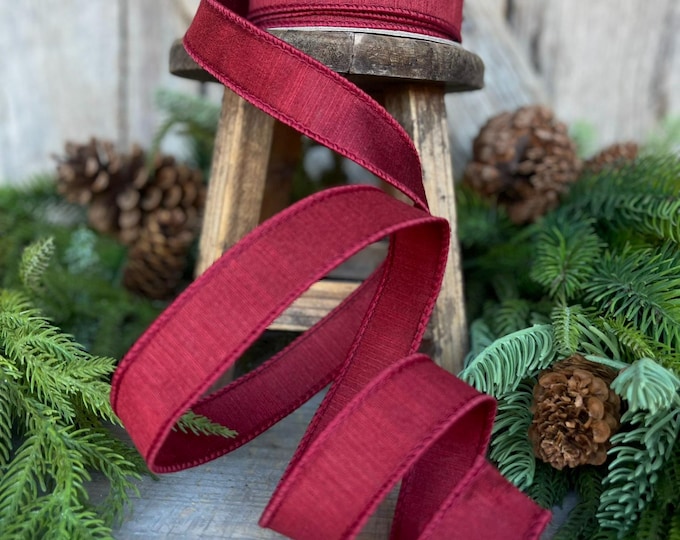 1" Burgundy Ribbon, Farrisilk Ribbon, Ruby Shabby Silk Ribbon, Christmas Ribbon, Maroon Ribbon, Burugndy Wired Ribbon, RK114-03