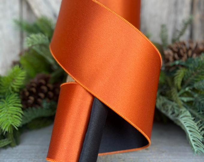 4" Orange Black Satin Ribbon, Farrisilk Ribbon, Wired Ribbon, RIbbon, Halloween Ribbon, Orange Ribbon, Designer RIbbon, RS164-92