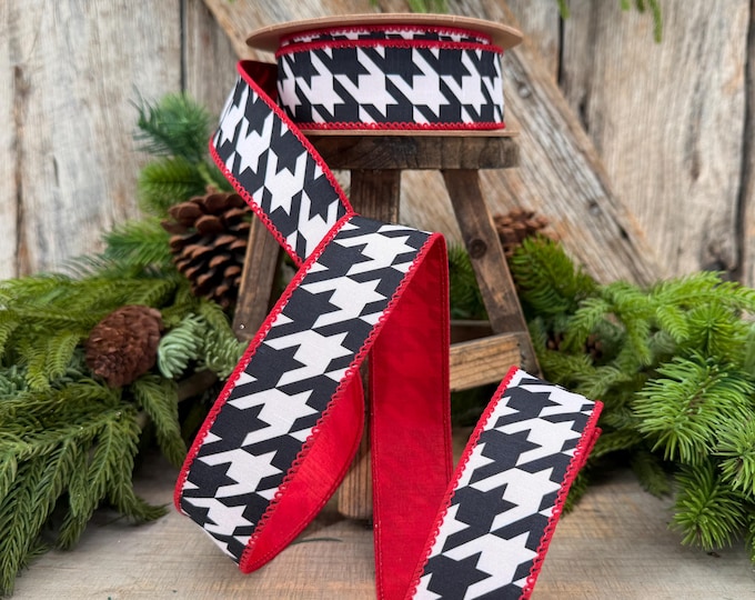 1.5" Black White Houndstooth Wired Ribbon with Red Backing | 10 Yards