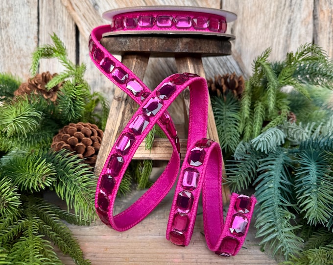 1" Hot Pink Emerald Cut Ribbon, Christmas Ribbon, Jeweled Ribbon, Farrisilk Ribbon, RJ017-15