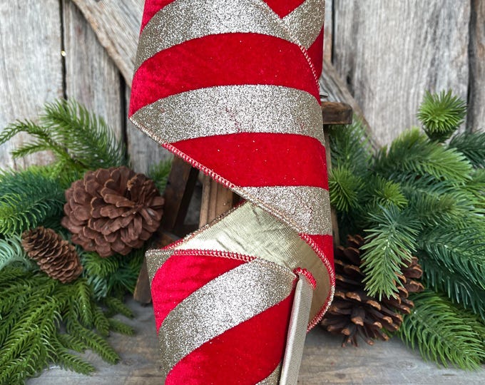 4" Red Gold Ribbon Diagonal Stripe, Christmas Tree Ribbon, Red Velvet Ribbon
