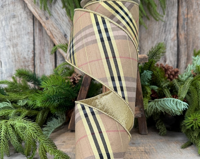 4” Brown Black holiday plaid, Christmas ribbon, 10 yards, metallic ribbon