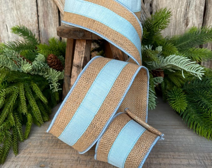 2.5" Light Blue Burlap Border Ribbon, Farrisilk Ribbon, Wired Ribbon, Light Blue Ribbon, Burlap Ribbon, SR094-16