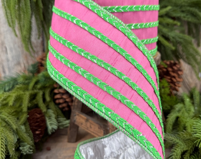 4" Pink Dupioni Wired Ribbon with Green Fiveway Trim & Metallic Backing, 10 Yard Roll
