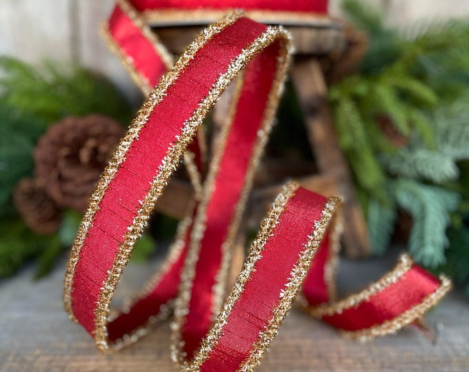1" Red & Gold Tinsel Ribbon, Christmas Ribbon, Farrisilk ribbon, 1" x 10 yards