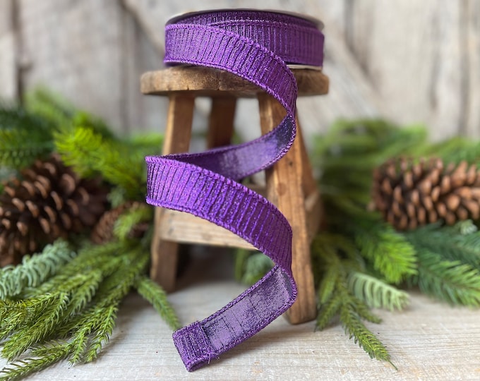 1" Purple Pleated Metallic Wired Ribbon, Farrisilk Ribbon, Purple Wired RIbbon, Pleated Metallic Ribbon, Mardi Gras Ribbon, Holiday Ribbon