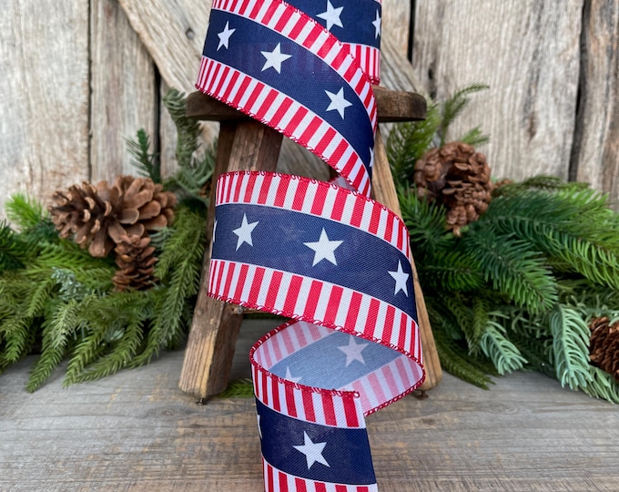 2.5" Patriotic Wired Ribbon, Stars and Stripe Ribbon, American Ribbon, USA Ribbon, 4th of July RIbbon, Ribbon for bows, Wreath supply