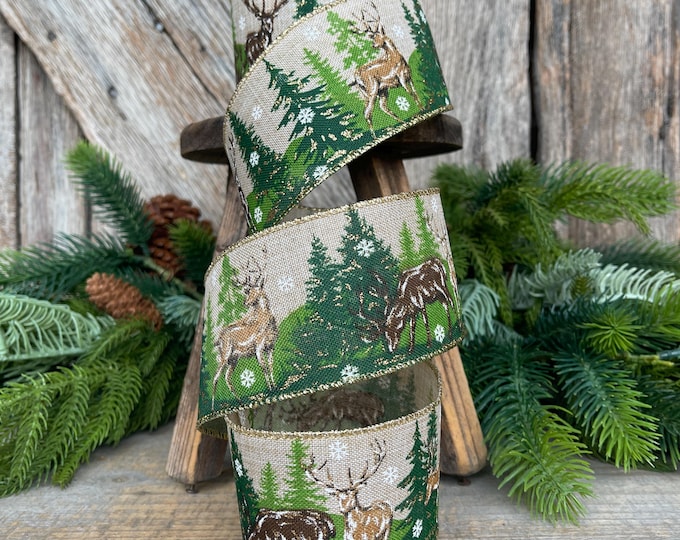 2.5" Woodsy Christmas Ribbon, Reindeer Christmas Ribbon, Pine Trees Ribbon, Wired Ribbon, Reindeer and Tree Ribbon