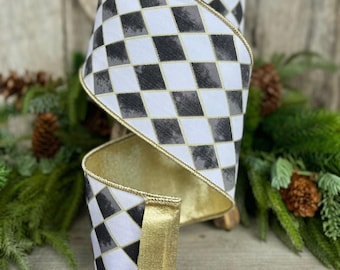 4" Harlequin ribbon, Black and White Jester Ribbon, Harlequin RIbbon, Wired RIbbon, Black white gold ribbon,Christmas Tree Ribbon