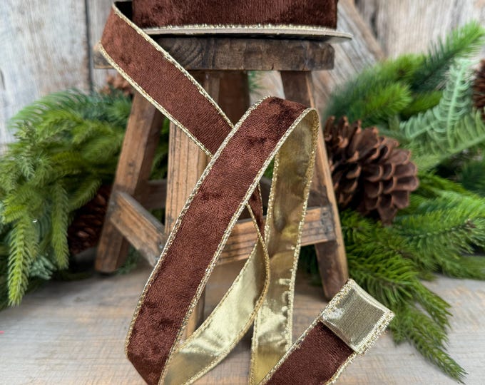 1" Chocolate Brown Velet ribbon with metallic gold backing
