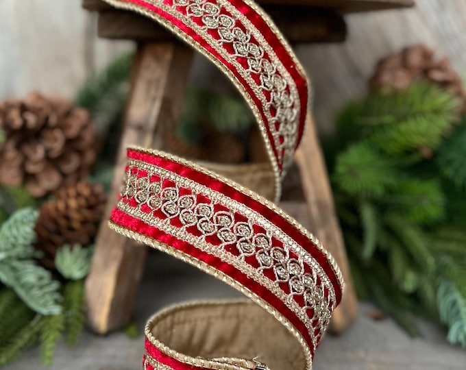 1.5" Red Velvet Trim RIbbon, Red Christmas RIbbon, Red Designer Ribbon, REd Gold Embroidered Ribbon, Red Christmas Tree RIbbon