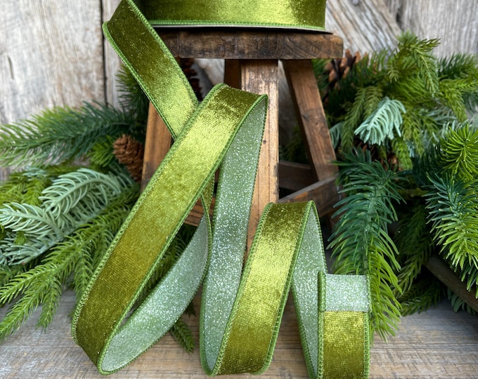 1" Forest Green Velvet Ribbon, Farrisilk Ribbon, Green Ribbon, Christmas Ribbon, Plush Stardust ribbon, Moss Green Designer Ribbon, RS206-45