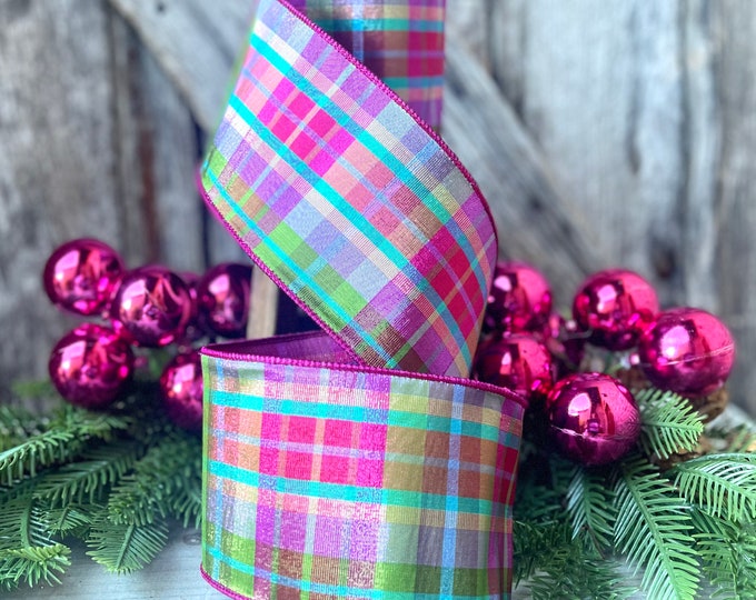4" Christmas Pastel Candy Plaid Ribbon, Farrisilk Ribbon, Christmas Tree, Wired Ribbon, Wreath Supply, Ribbon for Christmas Decorating
